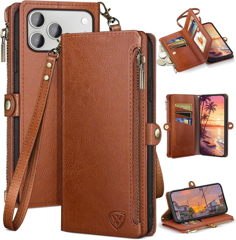XcaseBar compatible with iPhone 17 Pro Max 6.9" Wallet case with Zipper Credit Card Holder【RFID Blocking】,Flip Folio Book PU Phone case Shockproof Cover Women Men for Apple 17 Pro Max case Light Brown - Image 1